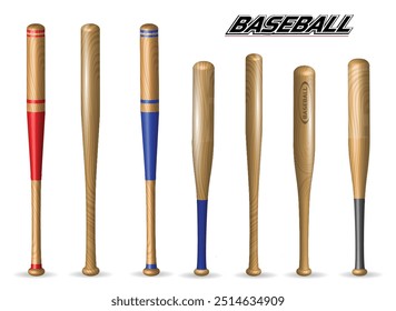 Set illustration of seven wooden baseball bats, each with a unique design. Some bats display natural wood grain, while others feature painted sections in red, blue, or black. The collection highlights