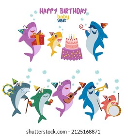 Set of illustration of shark family celebrating a birhday and playing a music together