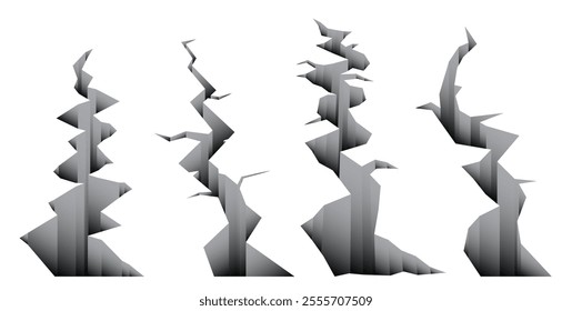 Set illustration of sharp-edged cracks on a smooth surface, creating a dramatic and modern abstract effect. Perfect for design projects, textures, or 3D environments.