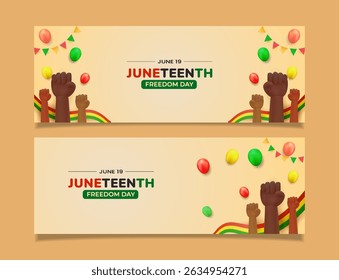 Set Illustration showcasing Juneteenth Freedom Day with raised fists, vibrant flags, and colorful balloons symbolizing unity and equality, celebrating cultural heritage and freedom.