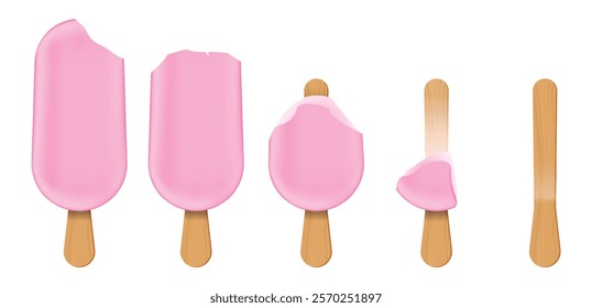 Set illustration of showing the progressive stages of a pink ice cream popsicle being eaten, from a whole treat to an empty wooden stick. The image represents the concept of consumption, melting, and