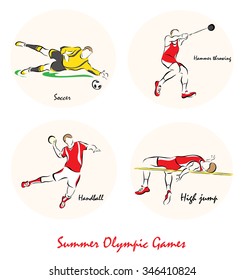 Set of a Illustration shows a Summer Olympic Sports. Hammer Throw, handball, high jump, soccer?