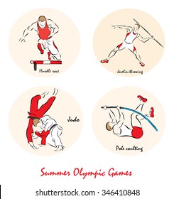 Set of a Illustration shows a Summer Olympic Sports. Steeplechase, javelin throwing, judo, high jump pole vault?