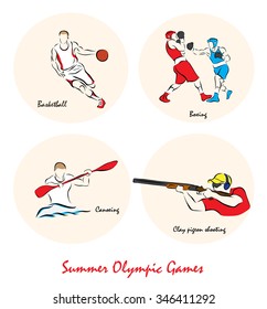 Set Of A Illustration Shows A Summer Olympic Sports. Basketball, Boxing, Canoeing, Clay Pidgeon Shooting