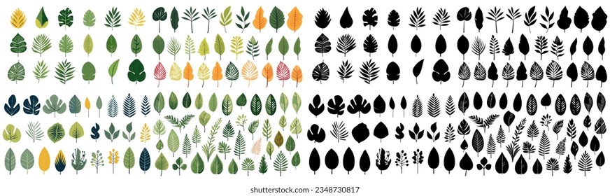 set of illustration and silhouettes of tropical leaves. isolated on a transparent background. eps 10