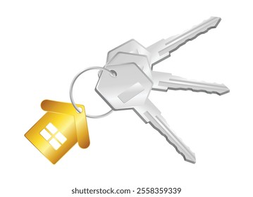 Set illustration of silver keys attached to a golden house-shaped keychain, symbolizing home ownership, real estate, and security. Ideal for themes related to housing, realty, and access. 