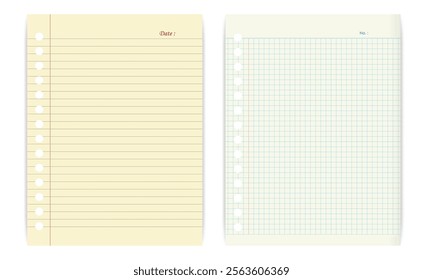 Set illustration of simple and clean image of two types of notebook paper: one with horizontal lines for writing and another with a grid pattern for technical or mathematical use. Both pages include