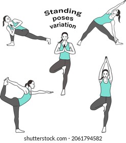A set illustration of a simple line drawing of the whole body of a young smiling woman in a standing yoga pose, a tree pose, a player's twist, a dancer pose, and a triangle pose.