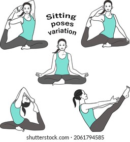 A set illustration of a simple line drawing of the whole body of a young smiling woman doing yoga sitting pose, hu seat , pigeon, advanced pigeon , ship ,