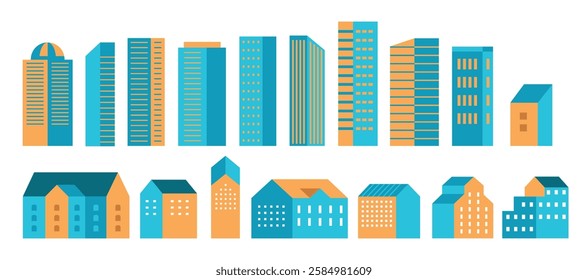 Set of illustration in simple minimal geometric flat style. Buildings city constructor for background for header images for websites, banners, covers