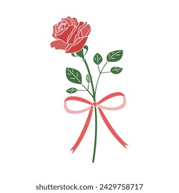 Set illustration of a single rose and ribbon, icon, vector