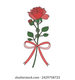 Set illustration of a single rose and ribbon, icon, vector