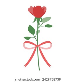 Set illustration of a single rose and ribbon, icon, vector