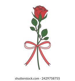 Set illustration of a single rose and ribbon, icon, vector