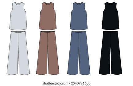 Set of illustration of sleeveless top and wide pants white, beige, blue, black colors, vector. Outline sketch of pajamas sleeveless top and pants. Palazzo shirt and pants illustration, vector.