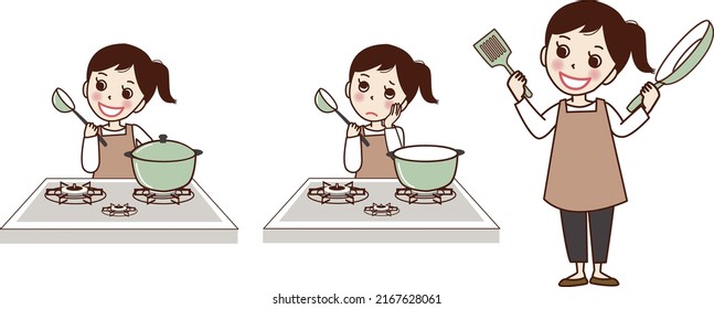 A set illustration of a smiling woman in an apron cooking on a gas stove.
