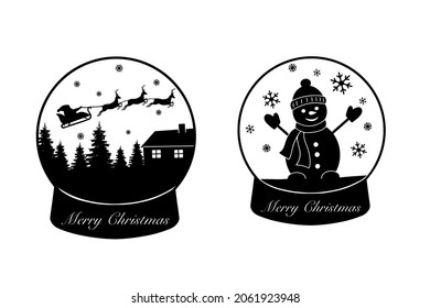 Set Illustration snowglobe isolated in white. Santa claus with snowman and deer. Christmas silhouette design. Christmas tree and snowflake. New Year gifts