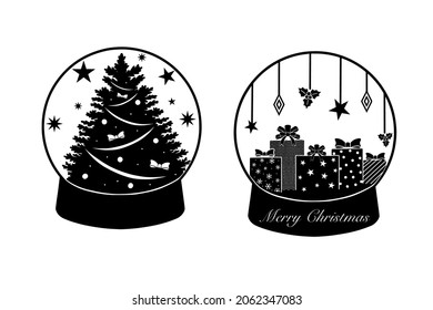 Set Illustration snowglobe isolated in white. Santa claus with snowman and deer. Christmas silhouette design. Christmas tree and snowflake. New Year gifts