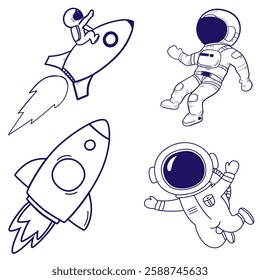 set illustration space exploration rocket dan astronaut