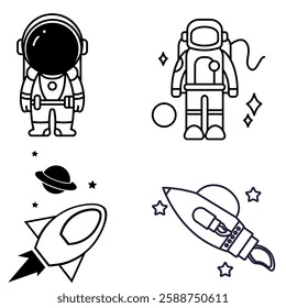 set illustration space exploration rocket and astronaut