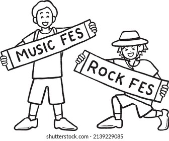 Imagen de espectadores en un festival de música al aire libre de verano, arte de línea.