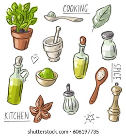 Set illustration with spices, olive oil, pepper, salt, bay leaves, bottles, basil, baden and lettering