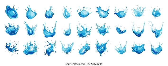 set of illustration of splashing water. liquid splash. six colors palette of blue. isolated on a white background. eps 10