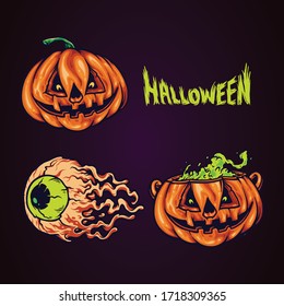 Set Illustration Spooky Pumpkin Face Halloween party