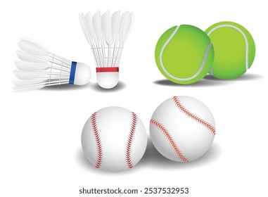 Set illustration of sports equipment featuring two badminton shuttlecocks, two tennis balls, and two baseballs. This image highlights various sports essentials for badminton, tennis, and baseball