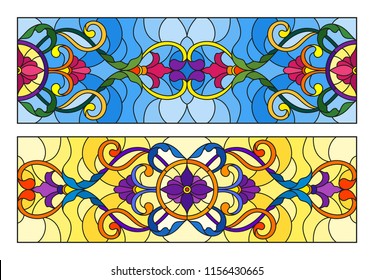 Set of illustration in stained glass style with abstract  swirls,flowers and leaves  on a blue and yellow backgrounds,horizontal orientation