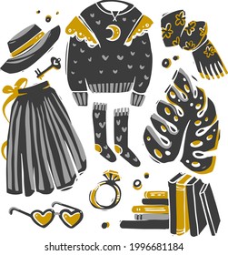 Set illustration - sticker pack of clothes, accessories and items of the girl's wardrobe. Isolated style labels laconic vector elements.