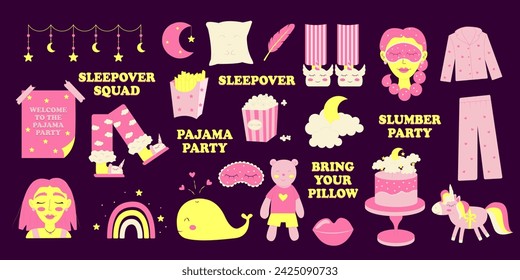 Set of illustration stickers on the pajama or bachelorette or sleepover party theme. Vector illustration.