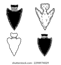 Juego de Ilustración de punta de flecha de piedra. Elemento de diseño para afiche, tarjeta, pancarta, logotipo, emblema. Ilustración del vector