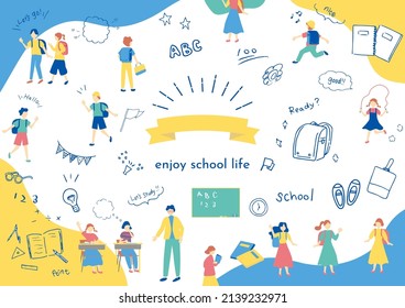 set illustration of study icons and children