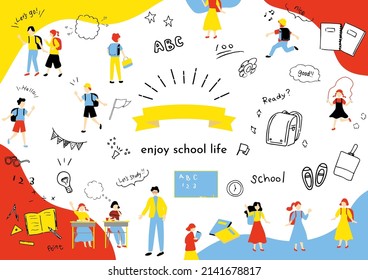 set illustration of study icons and children