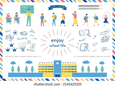 establecer la ilustración de iconos de estudio y niños