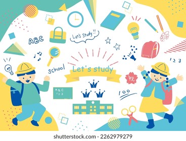 set illustration of study icons and children