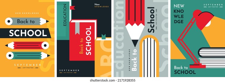 Set of illustration with study supplies. Pencils, books, table lamp. Back to School. Vector backgrounds for poster, banner, flyer, advertising. - Shutterstock ID 2171928355