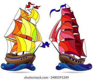 Set of illustration in the style of a stained glass window with a sailing ships, isolated on a white background