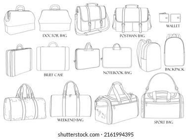 Set Illustration von stilvollen Taschen. Ärztesack, Postman, Rucksack, Wochenende, Geldbeutel, Brieftasche, Sporttasche, Notebook-Tasche. Kollektion von modernem Luxuszubehör.