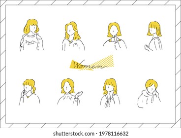 set illustration of stylish woman's face 