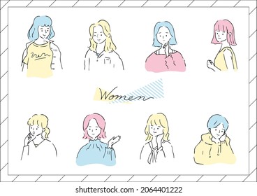 set illustration of stylish woman's face