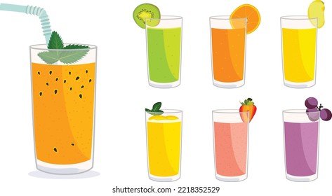 Set Illustration of Summer Colourful Fruit Drinks Beverage