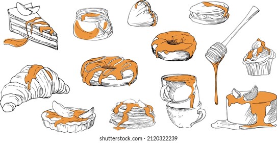 Conjunto de ilustraciones con caramelos: donut, pastel, crepes, tazas, quequitos, cuchara de miel de madera, jarra con jarabe. Ilustración dibujada a mano en estilo boceto para el diseño de tienda dulce, menú, café. Vector.