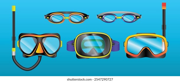 Conjunto de ilustración de equipos de natación y buceo, incluyendo máscaras de buceo, gafas y snorkels. El diseño vibrante presenta una estética moderna y enfatiza el equipo de exploración submarina contra