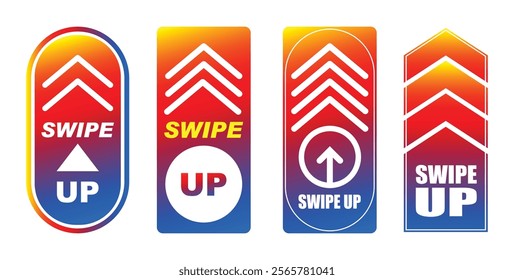 Set illustration of swipe-up icons with gradient designs transitioning between red, orange, and blue hues. Featuring upward-pointing arrows and "Swipe Up" text, these icons are ideal for enhancing use