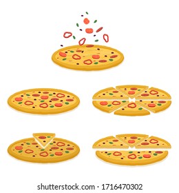 Set of illustration of tasty pizza, pizza sliced into pieces. Vector illustration
