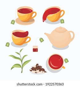 Set illustration of tea in a cup and gree tea leaves isolated on white background