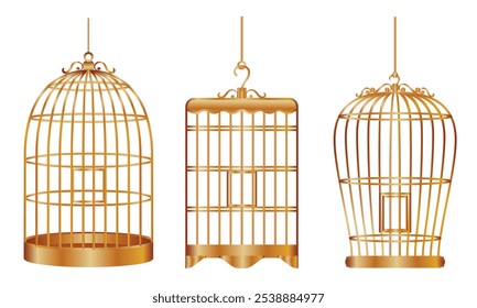 Set illustration of three beautifully designed golden birdcages in various shapes. Each cage features unique ornate patterns, ideal for decorative purposes. The image captures elegance and