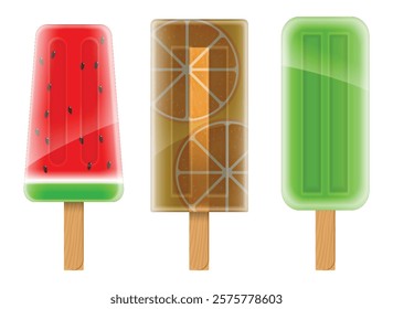 Set illustration of three colorful fruit popsicles. The designs feature a watermelon popsicle, an orange popsicle, and a kiwi popsicle, each with realistic textures and juicy fruit slices.